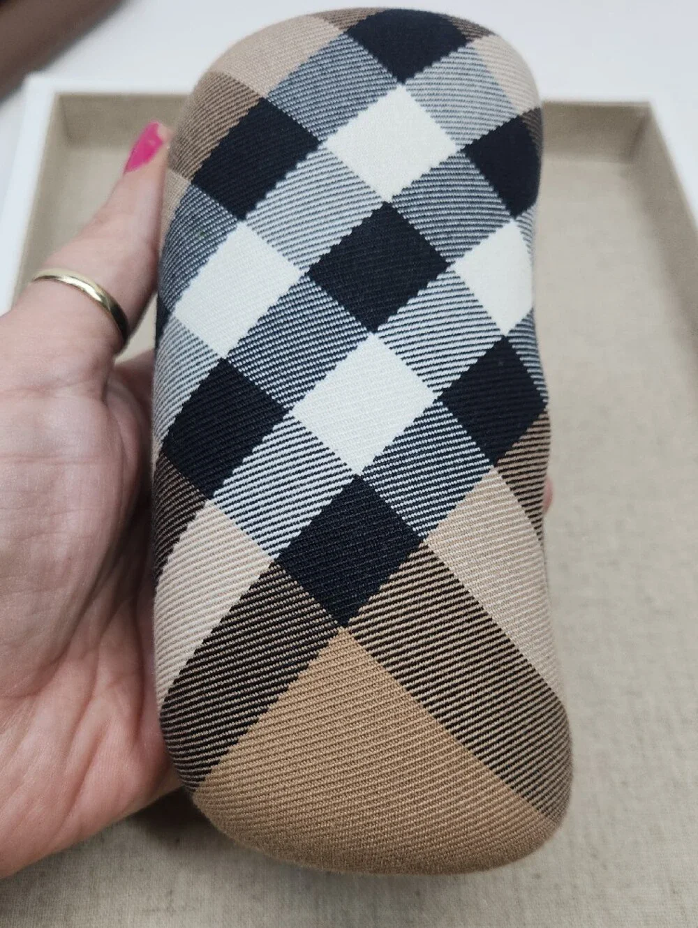 Burberry Black and Beige Plaid Eyewear Case with Branded Cloth